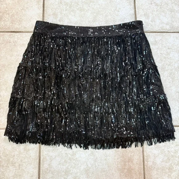 12th Tribe Black Sequin Fringe Mini Skirt - Picture 2 of 10